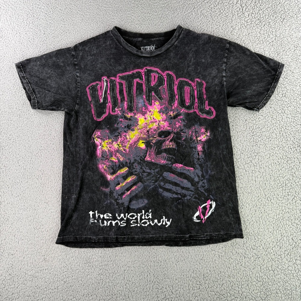Vitriol Graphic T-Shirt Mens Large Black Acid Wash Skull The World Burns Slowly